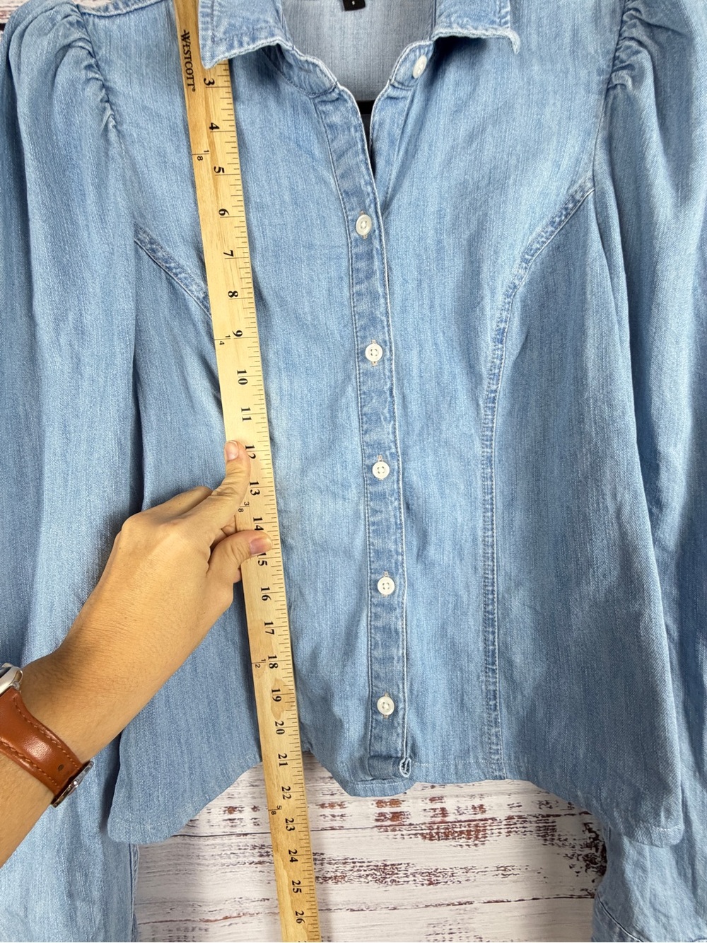 Express Denim Puff Sleeve Button Front Blouse Blue Size S - Picture 6 of 7